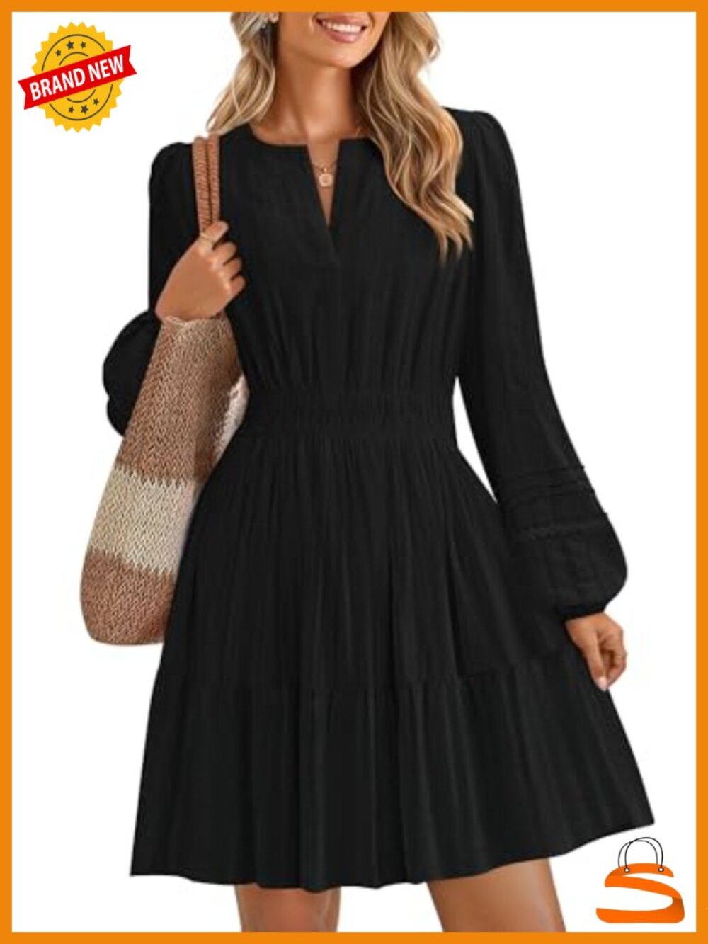 100% Cotton V-Neck Long Sleeve Flowy Mini Dress with Pockets